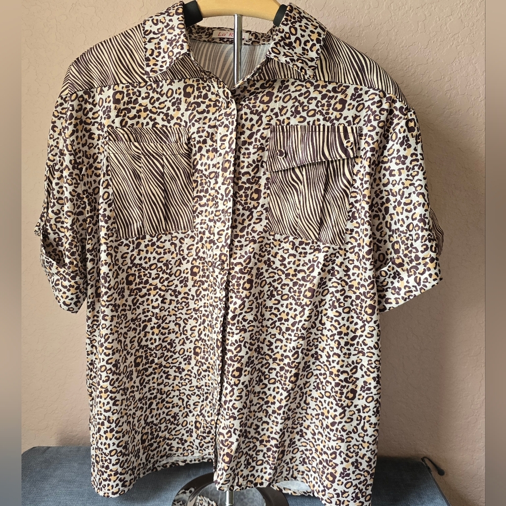 La’ Ros Womens Leopard Zebra Print Button Up Shirt Blouse L Animal Pattern Y2K
